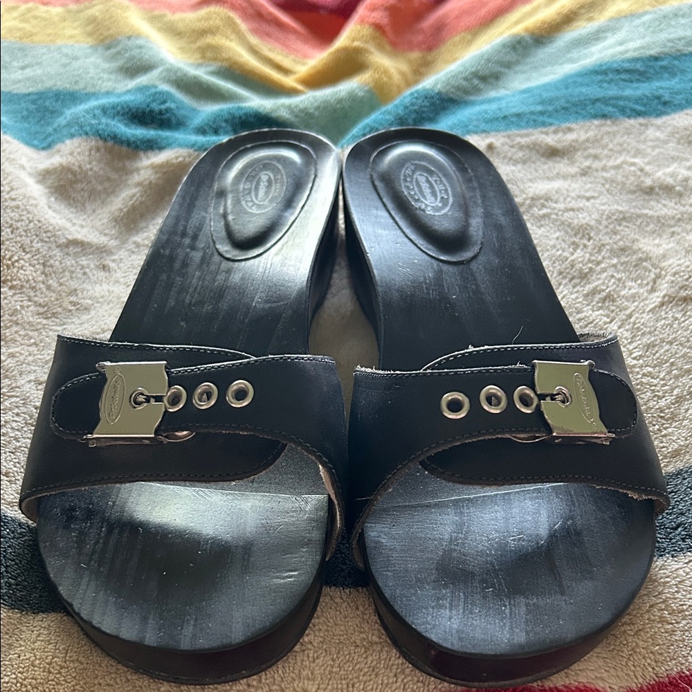Dr. Scholl's Black Leather Mules with Silver Accents